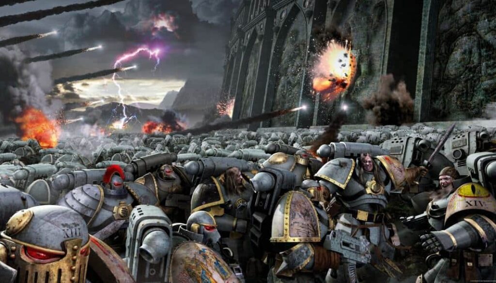 Cover of the novel Horus Rising, featuring a limitless horde of gray space marines assaulting a fortress.