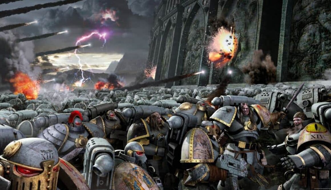 Cover of the novel Horus Rising, featuring a limitless horde of gray space marines assaulting a fortress.