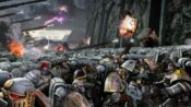 Cover of the novel Horus Rising, featuring a limitless horde of gray space marines assaulting a fortress.