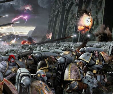 Cover of the novel Horus Rising, featuring a limitless horde of gray space marines assaulting a fortress.