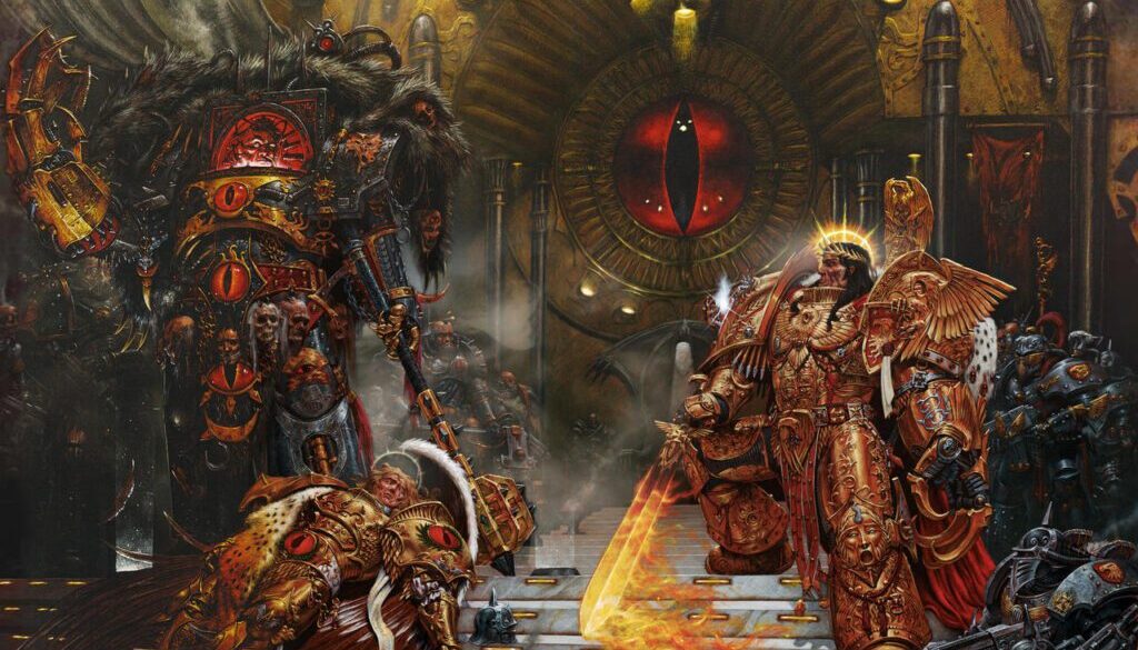 Painting of Horus vs the Emperor on Horus' battle barge, painted by Adrian Smith. 2004 edition.