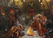 Painting of Horus vs the Emperor on Horus' battle barge, painted by Adrian Smith. 2004 edition.