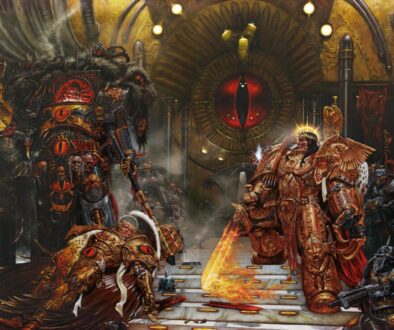 Painting of Horus vs the Emperor on Horus' battle barge, painted by Adrian Smith. 2004 edition.