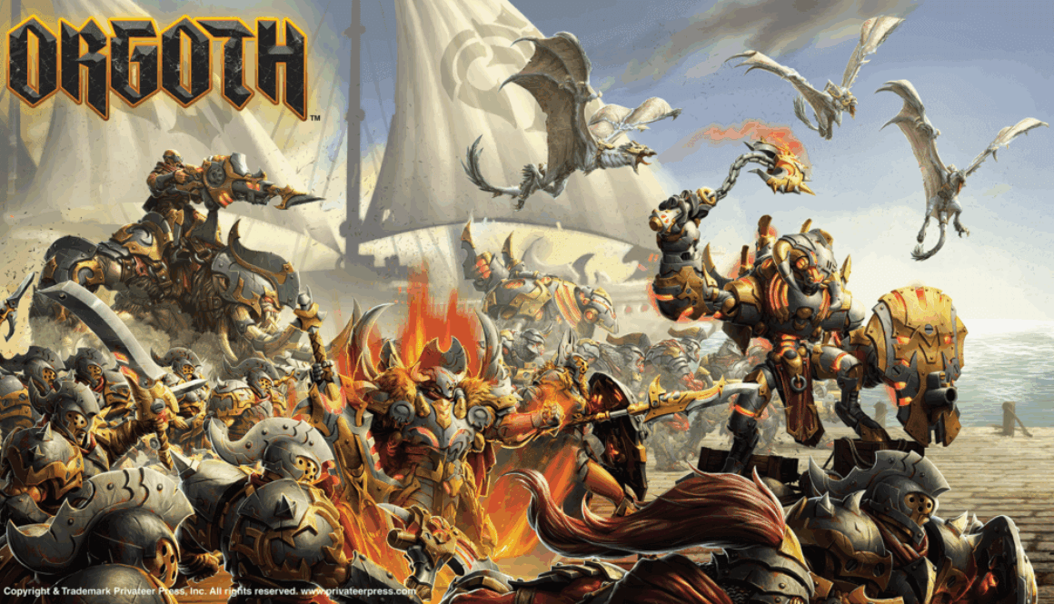 Illustration of a group of Orgoth assaulting a seaside dock from the left. The stylized "Orgoth" word is in the top left.