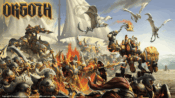 Illustration of a group of Orgoth assaulting a seaside dock from the left. The stylized "Orgoth" word is in the top left.