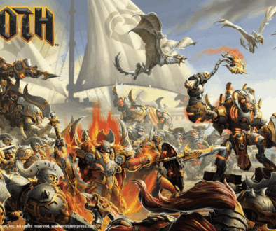 Illustration of a group of Orgoth assaulting a seaside dock from the left. The stylized "Orgoth" word is in the top left.